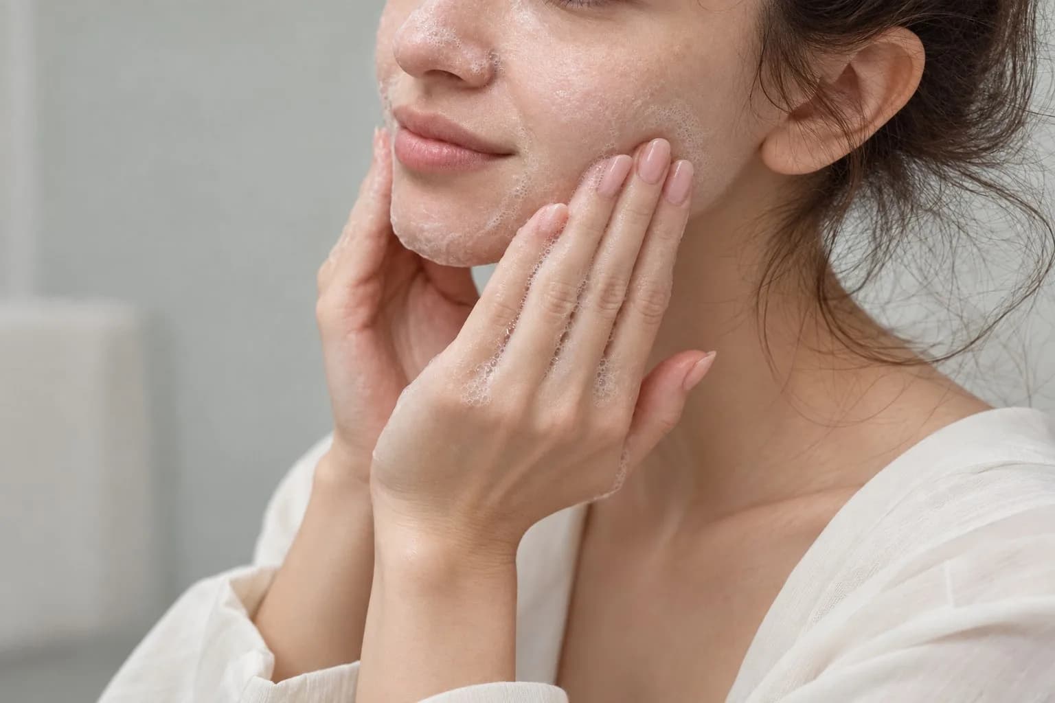 Donna che deterge il viso con una schiuma delicata, massaggiando le guance con le dita